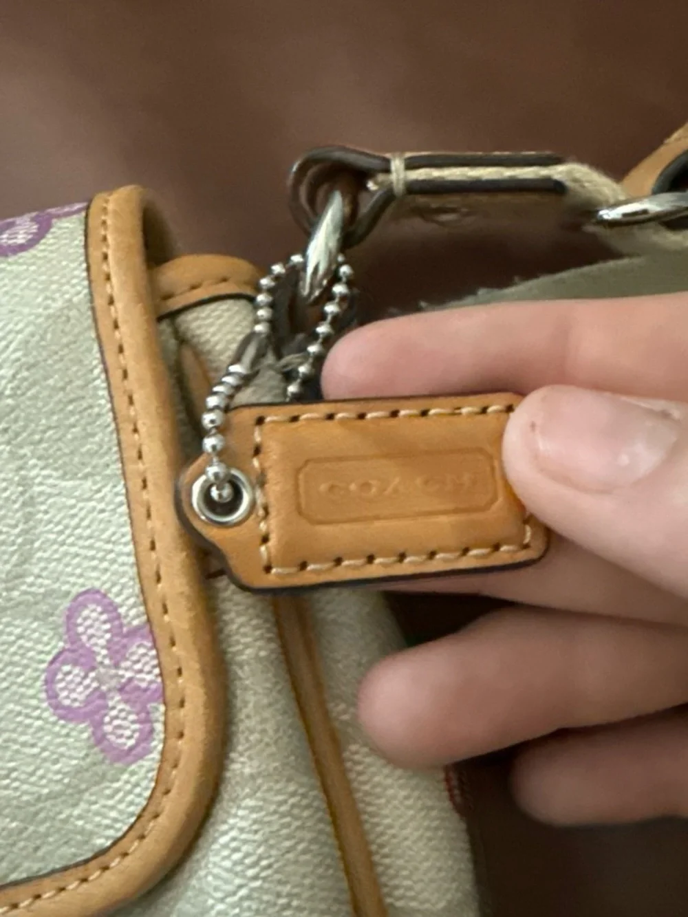 Coach Beige Canvas Crossbody with Purple and Red Floral Accents